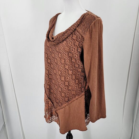 Cactus + Pearl Blouse Women's Large Cowl Neck Lace Overlay Brown - Picture 6 of 10